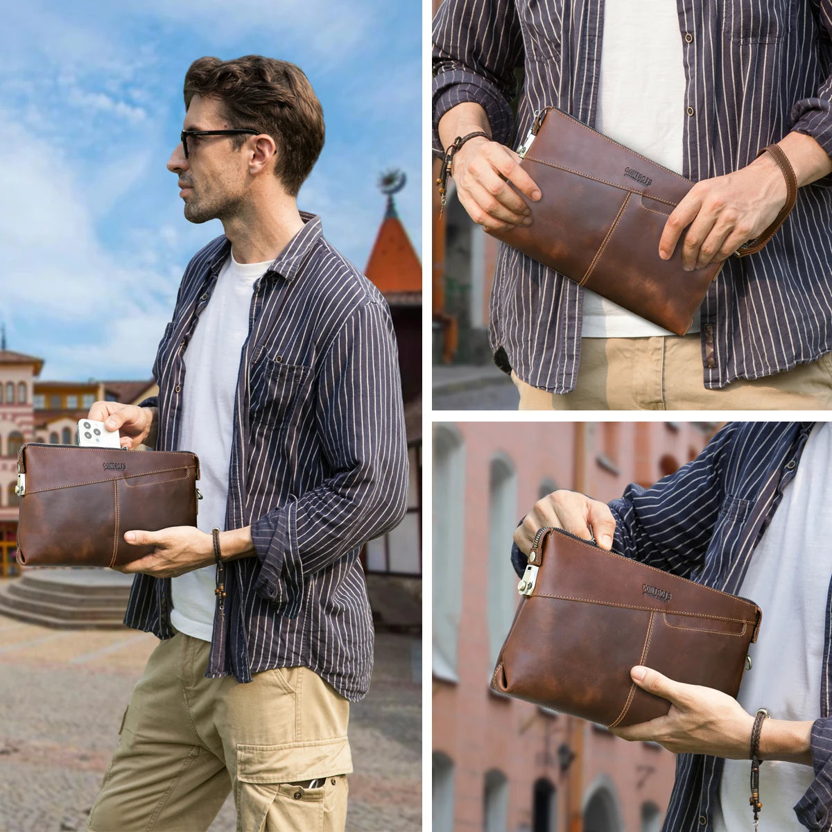 حقائب كلاتش من الجلد الطبيعي للرجال من CONTACT'S مزودة بقفل أمان وجيب للهاتف وحقيبة يد ومحفظة للرجال 