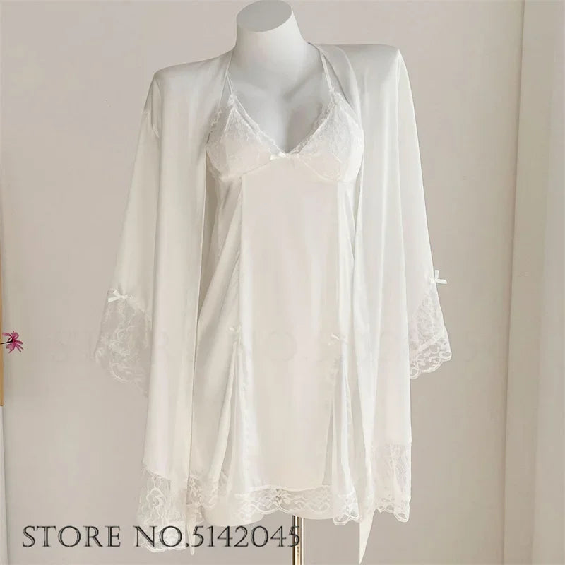 طقم ملابس نوم مثيرة من الدانتيل للنساء، ملابس نوم وأردية حمام، ملابس نوم حميمية، رداء حمام من الحرير والساتان، ملابس نوم صيفية منزلية 