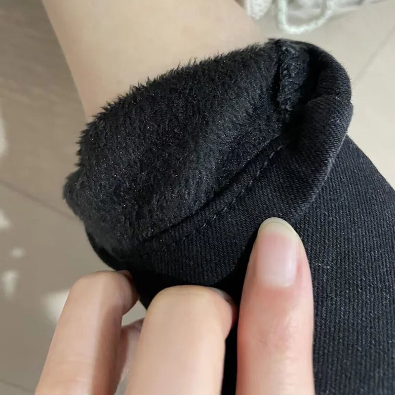 بنطلون جينز نسائي حراري ضيق للشتاء الدافئ من القطيفة، بنطلون جينز نسائي من الصوف الثلجي، بنطلون جينز مستقيم الساق للطلاب 