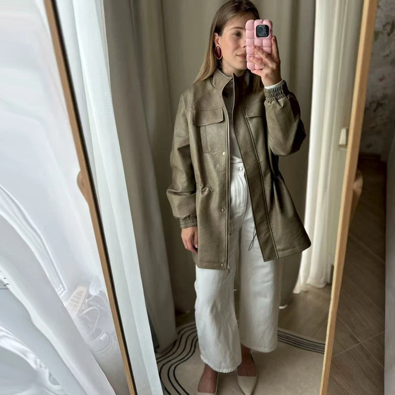 جاكيت نسائي من الجلد الصناعي لخريف/شتاء 2025 مع خصر مطاطي قابل للتعديل ومعطف نسائي وملابس خارجية 
