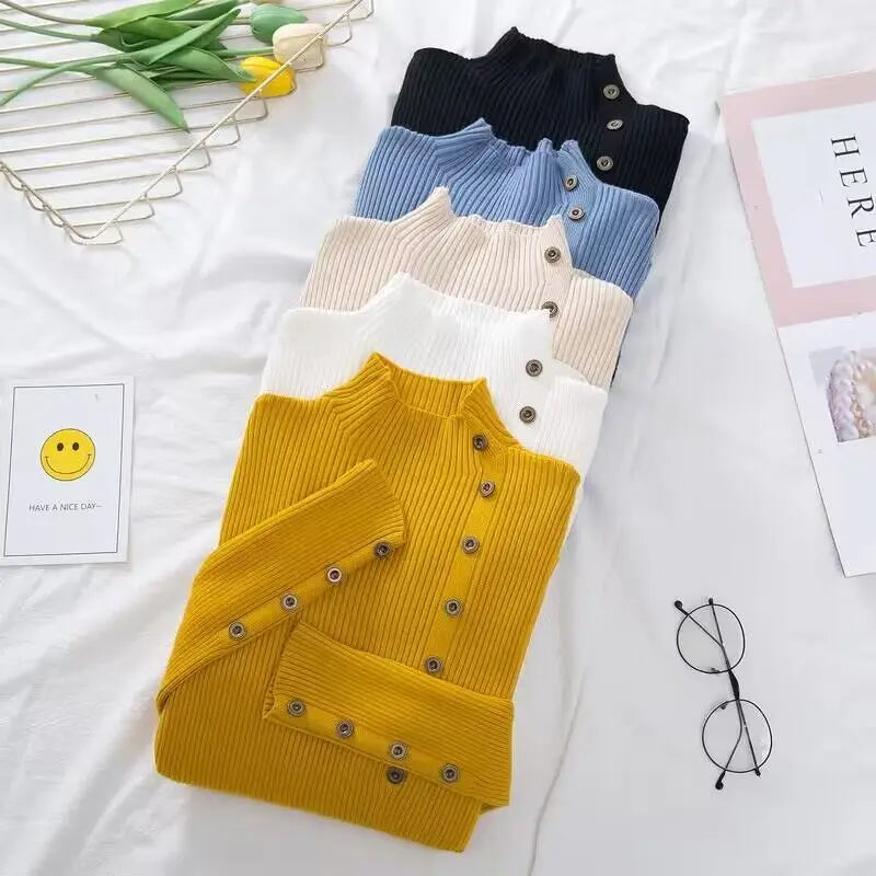 2023 سترات نسائية محبوكة ضيقة للخريف مصنوعة من القطن الناعم والمرن بألوان متعددة وأزرار وأكمام طويلة وياقة مدورة 