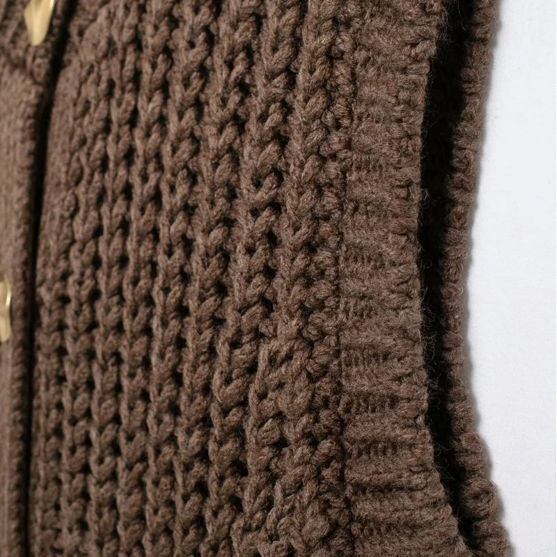 سترة نسائية من HXAO، سترة بنية بدون أكمام، سترة محبوكة، سترات نسائية قصيرة أنيقة، سترة خريف وشتاء، ملابس محبوكة للنساء 