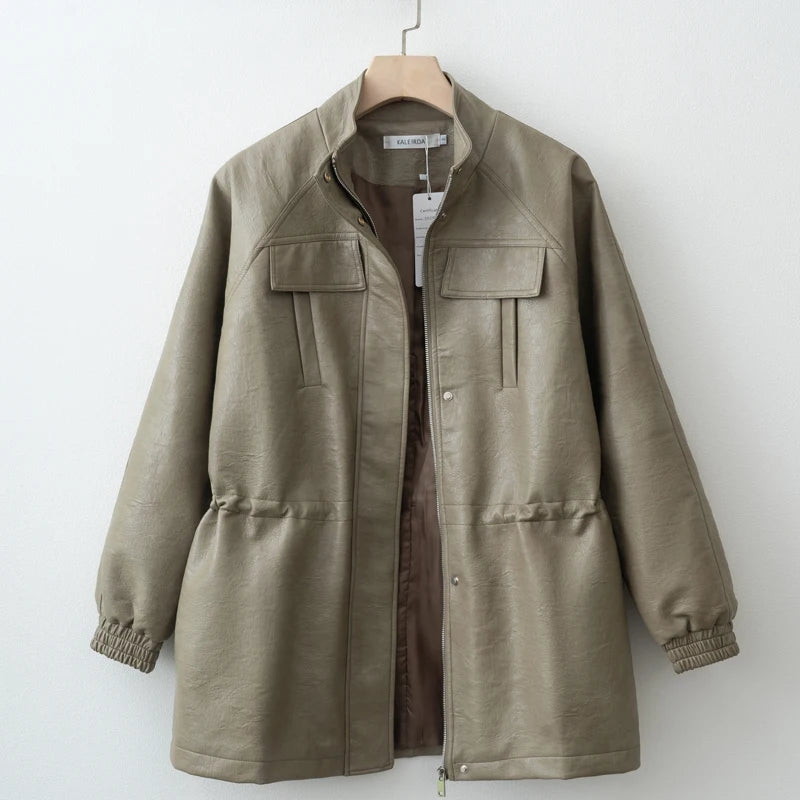 جاكيت نسائي من الجلد الصناعي لخريف/شتاء 2025 مع خصر مطاطي قابل للتعديل ومعطف نسائي وملابس خارجية 