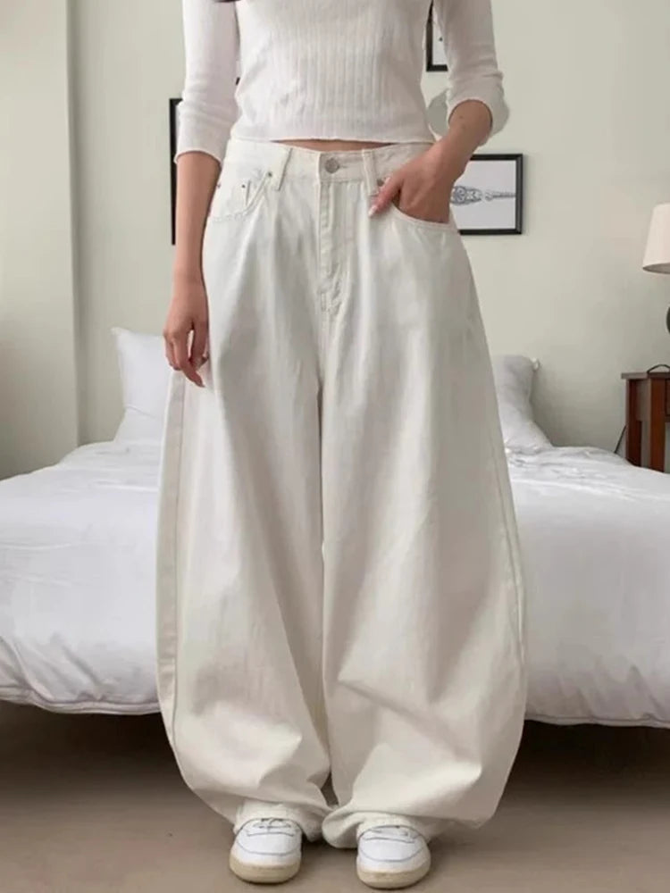 بنطلون جينز نسائي فضفاض بتصميم عقدة من قماش الدنيم، جديد للربيع، بنطلون كاجوال بخصر عالٍ وساق واسعة، لون نقي